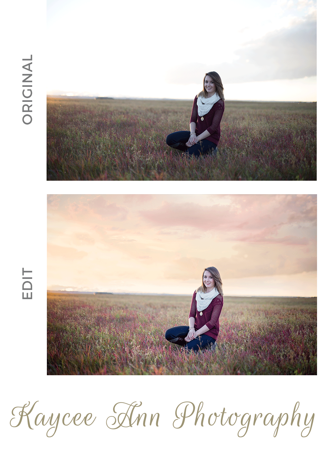 photoshop. comparison, senior, graduate, kate jelinski, fall, color, autumn, hayfield, farm, rural, country, portraits, airdrie high school