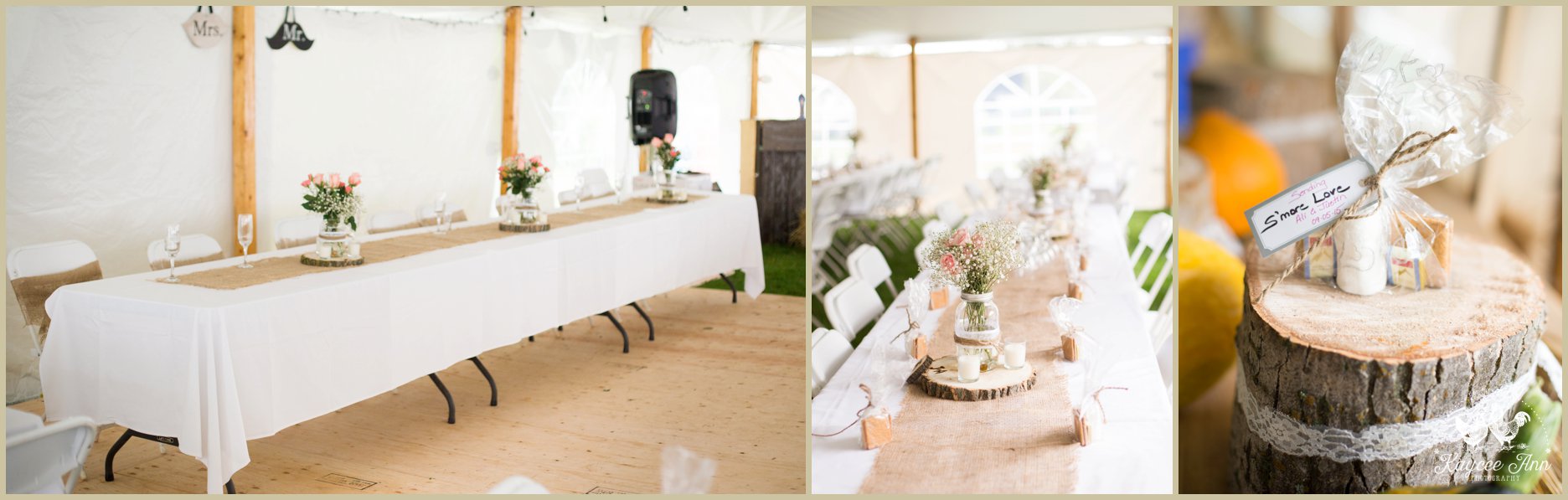 burlap table runners, tree cookie, mason jar vase, outdoor innisfail wedding