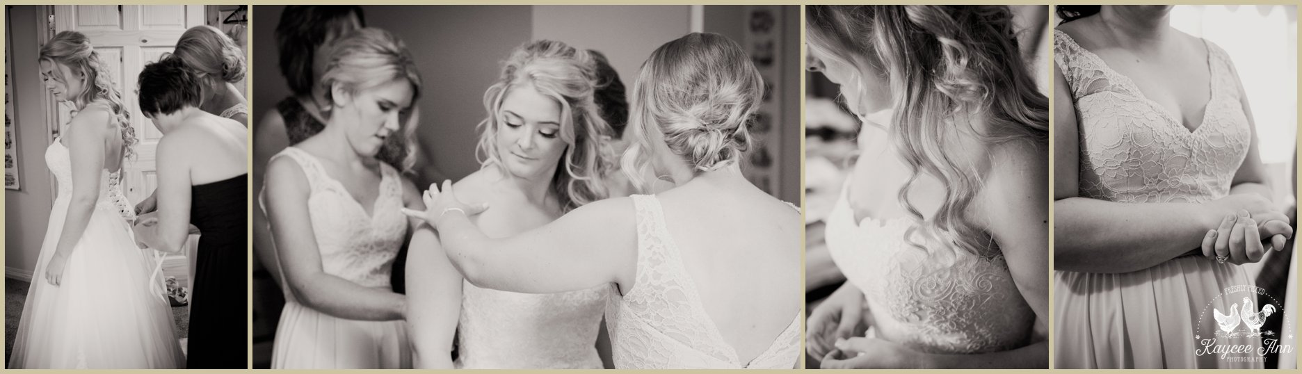 black and white, dress details, tying up wedding dress, curled hair, blonde bride, canada